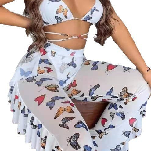Butterfly Print Bikini Set with Gauze Trousers