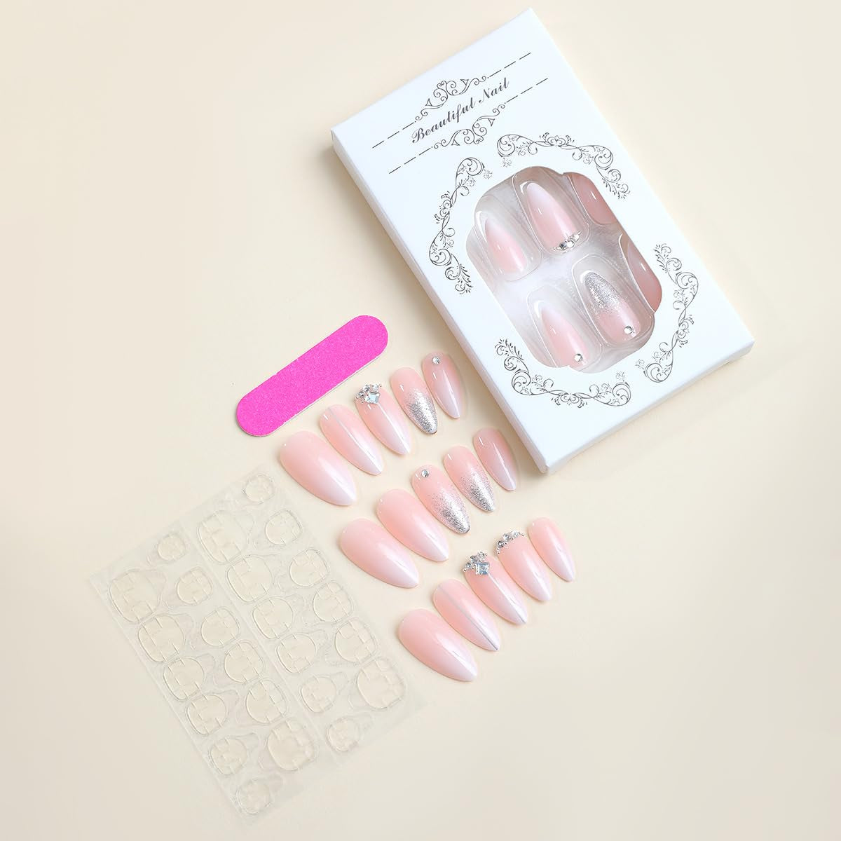 Press on Nails Almond Ombre White Pink Silver Fake Nails Rhinestone Bling