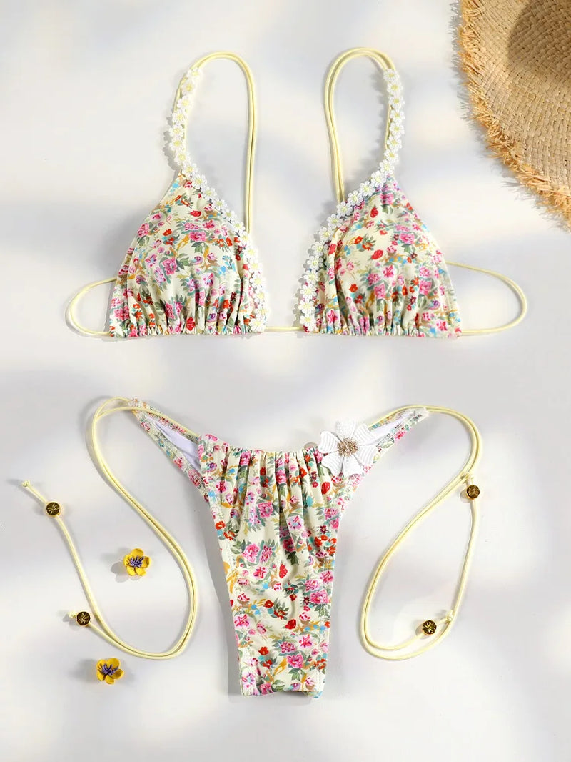 Sexy Triangle Mini Bikini Sets Micro Thongs Swimsuit Women Bathing Suit Biquini Bandage Beachwear Print Swimwear Thong Bikini