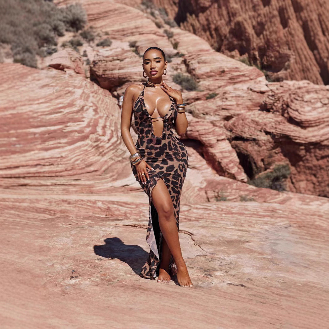 Halter leopard print slit backless dress