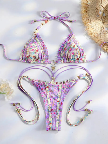 Sexy Triangle Mini Bikini Sets Micro Thongs Swimsuit Women Bathing Suit Biquini Bandage Beachwear Print Swimwear Thong Bikini