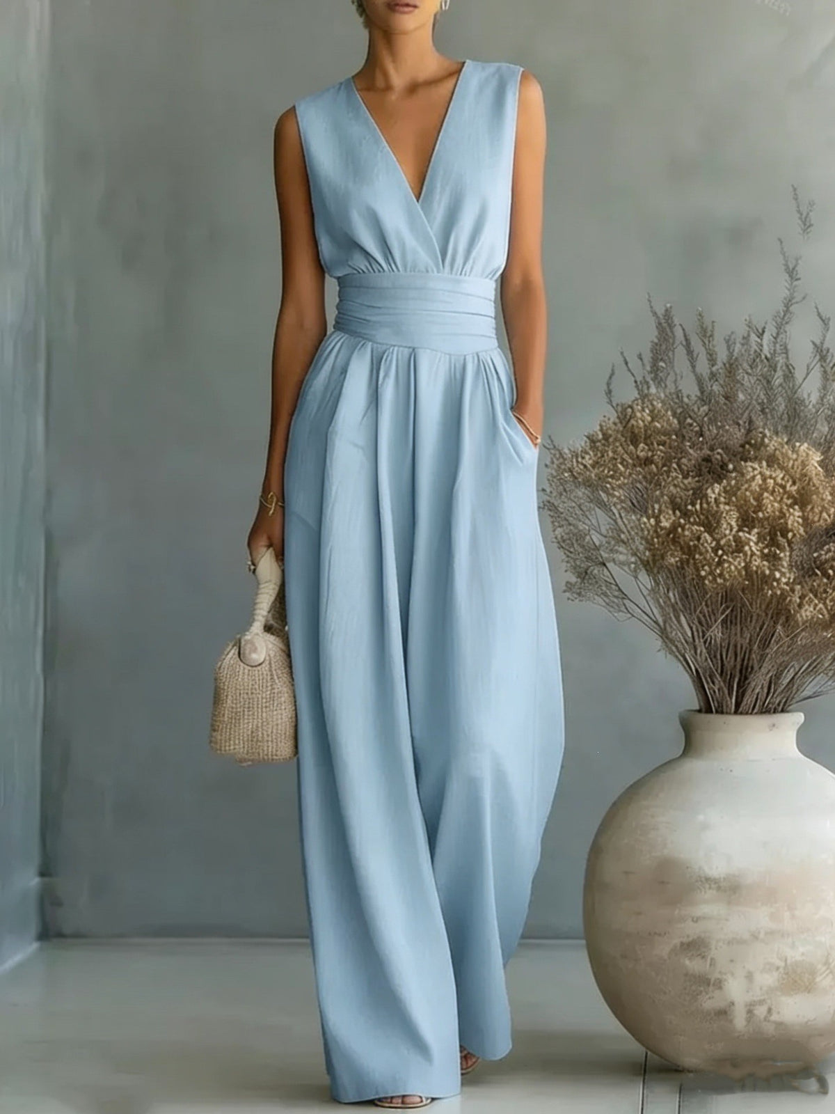 Elegant V Neck Waist Cinching Women Jumpsuit
