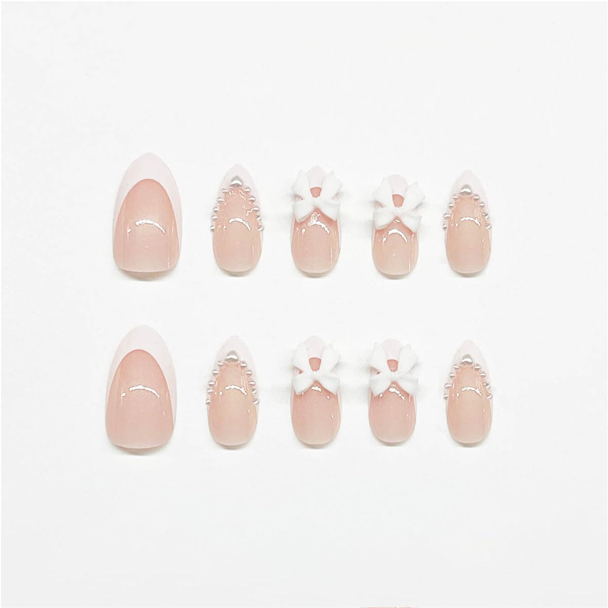 24Pcs Almond Shaped Artificial Nails - French Tips with Cute Bow Charms Design - Nude Pink Acrylic Nails for Women & Girls