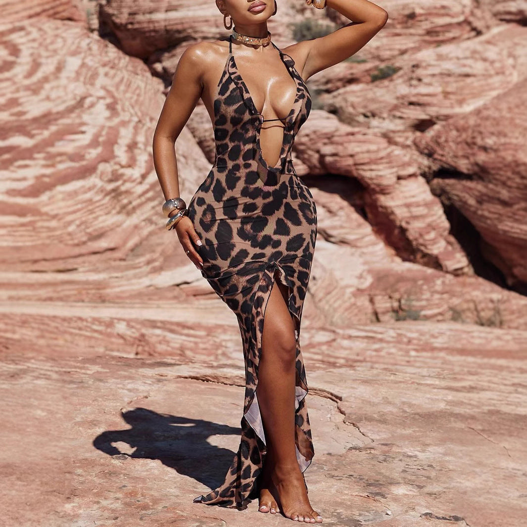Halter leopard print slit backless dress