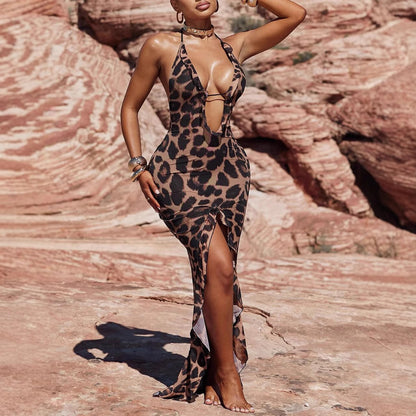 Halter leopard print slit backless dress