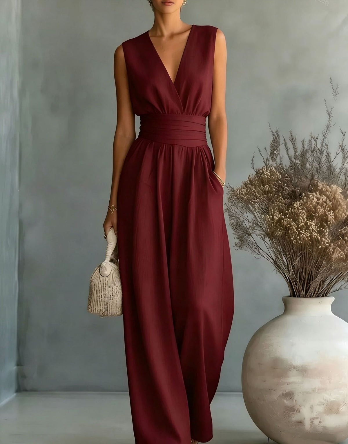 Elegant V Neck Waist Cinching Women Jumpsuit
