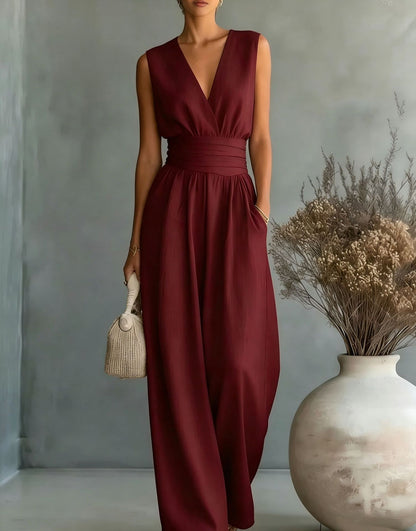 Elegant V Neck Waist Cinching Women Jumpsuit