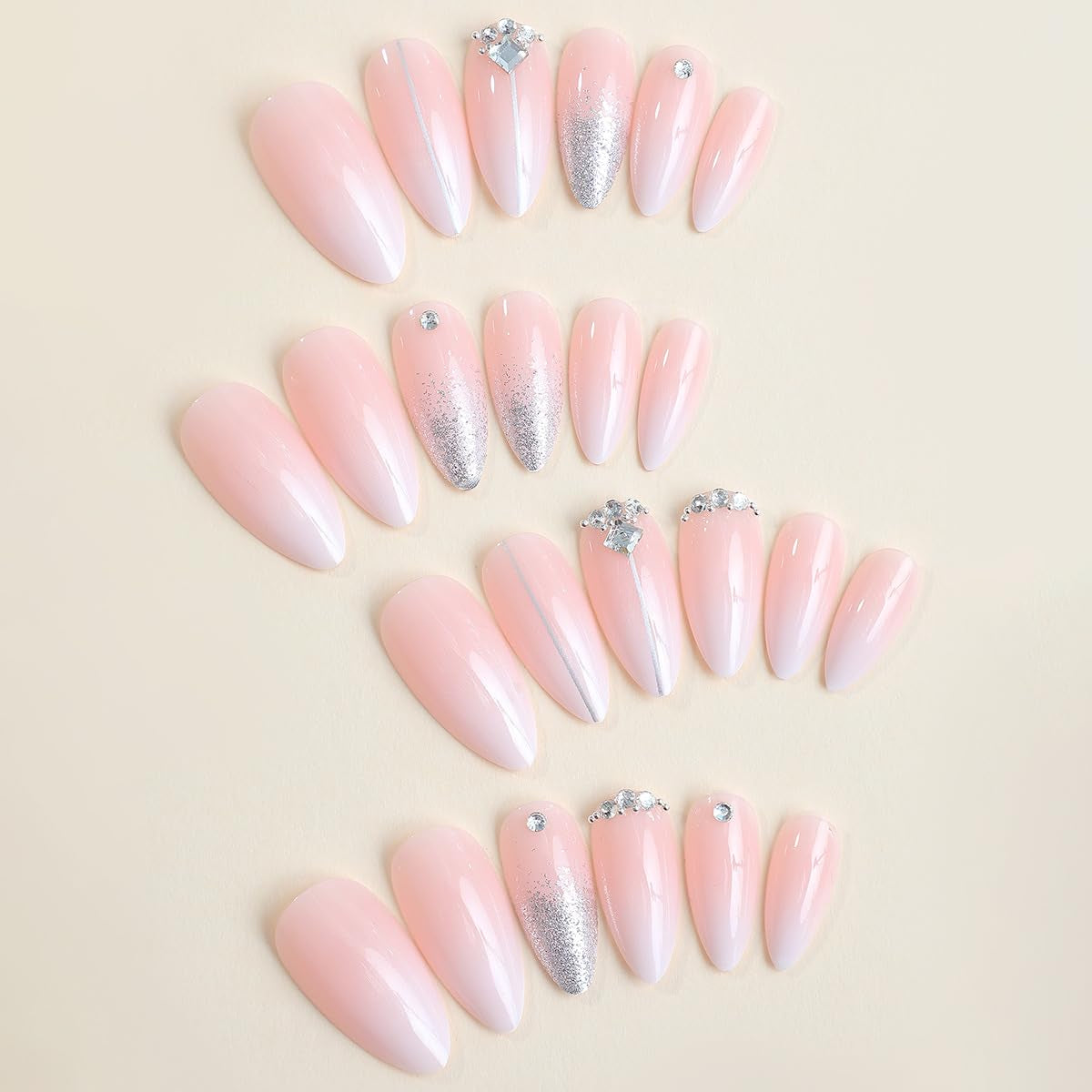 Press on Nails Almond Ombre White Pink Silver Fake Nails Rhinestone Bling