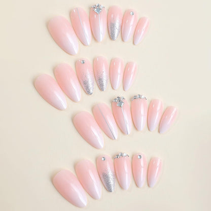 Press on Nails Almond Ombre White Pink Silver Fake Nails Rhinestone Bling